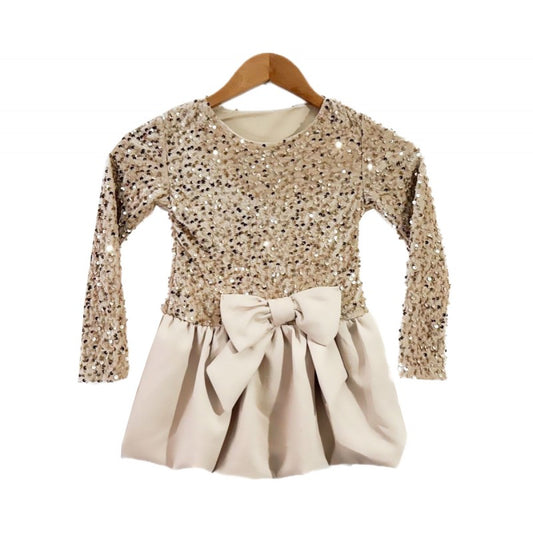 Beige ballonjurk met pailletten en strik