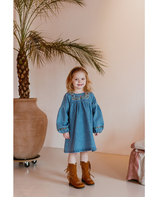 Denim jurkje met geborduurde details