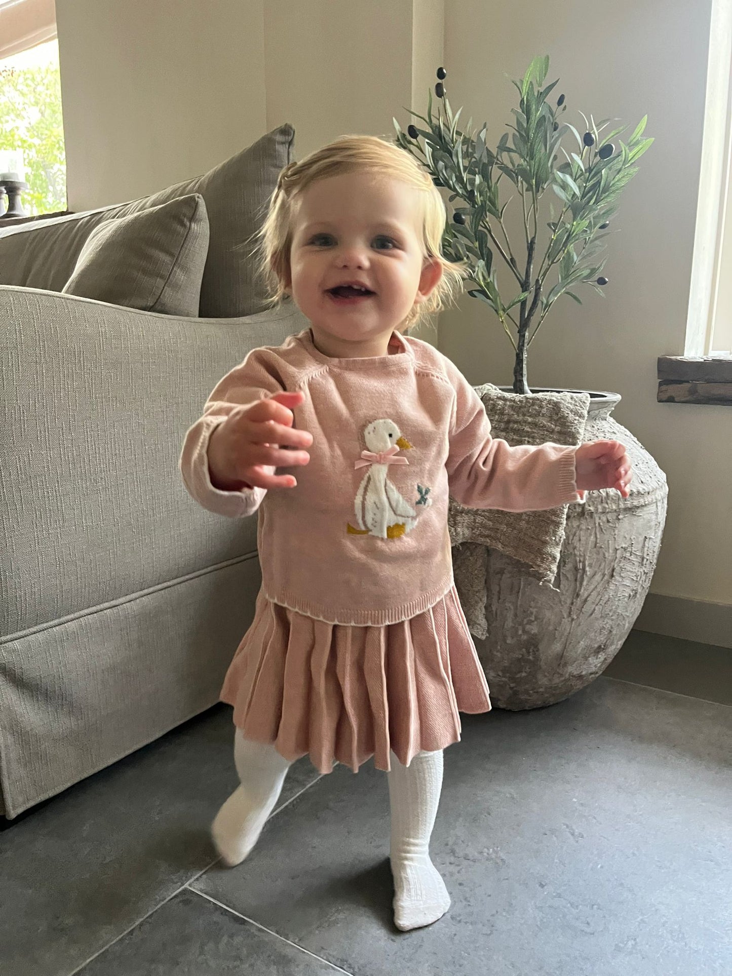 Roze setje met eendje – trui en geplooid rokje