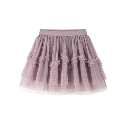 Lila tule rokje met stipjes en ruches