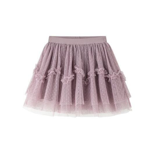 Lila tule rokje met stipjes en ruches