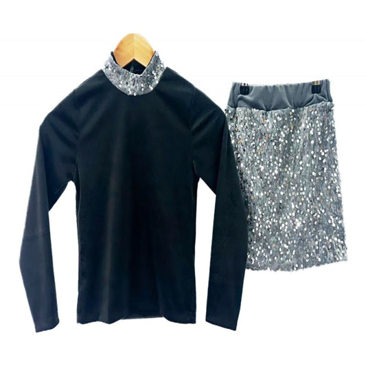 Donkergrijze fluwelen top en glitterrok