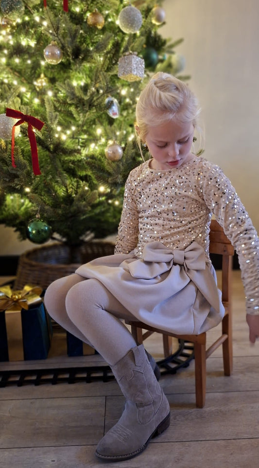 Beige ballonjurk met pailletten en strik