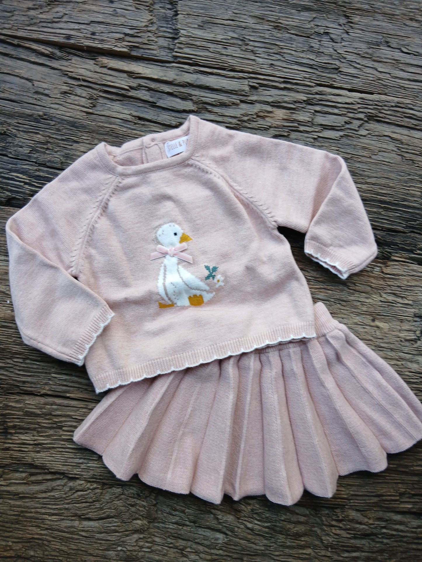 Roze setje met eendje – trui en geplooid rokje