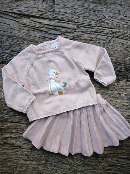 Roze setje met eendje – trui en geplooid rokje